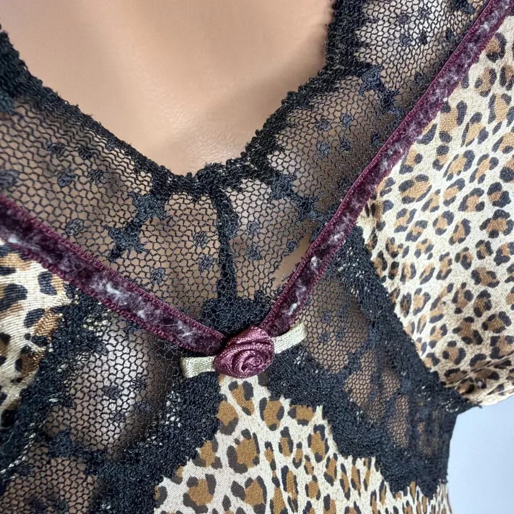 Vintage 80s Lingerie Slip Dress Womens M Leopard Print Lace Satin Coquette Fairy